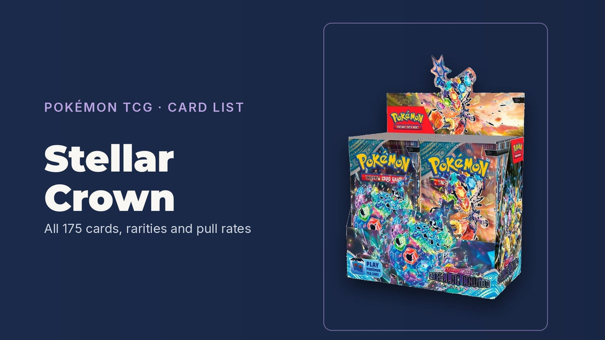 Pokémon TCG Scarlet & Violet Stellar Crown booster box on the TCGGuy card list banner