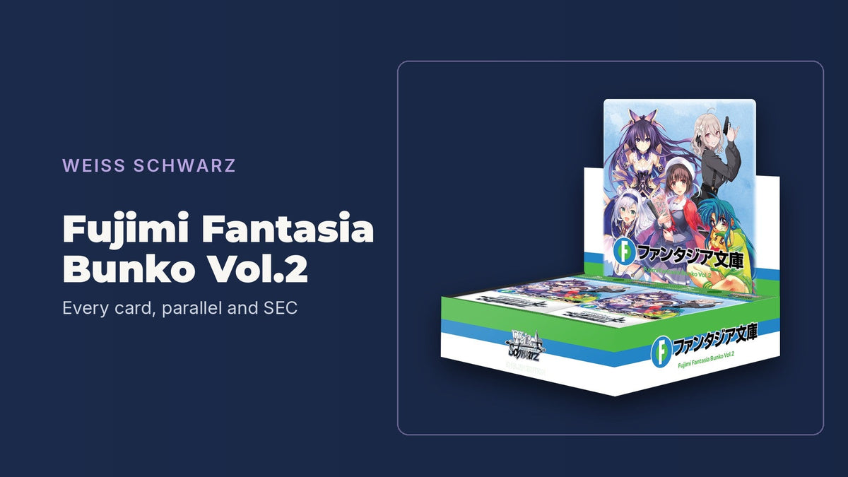 Weiss Schwarz Fujimi Fantasia Bunko Vol.2 booster box on a navy background, full card list banner