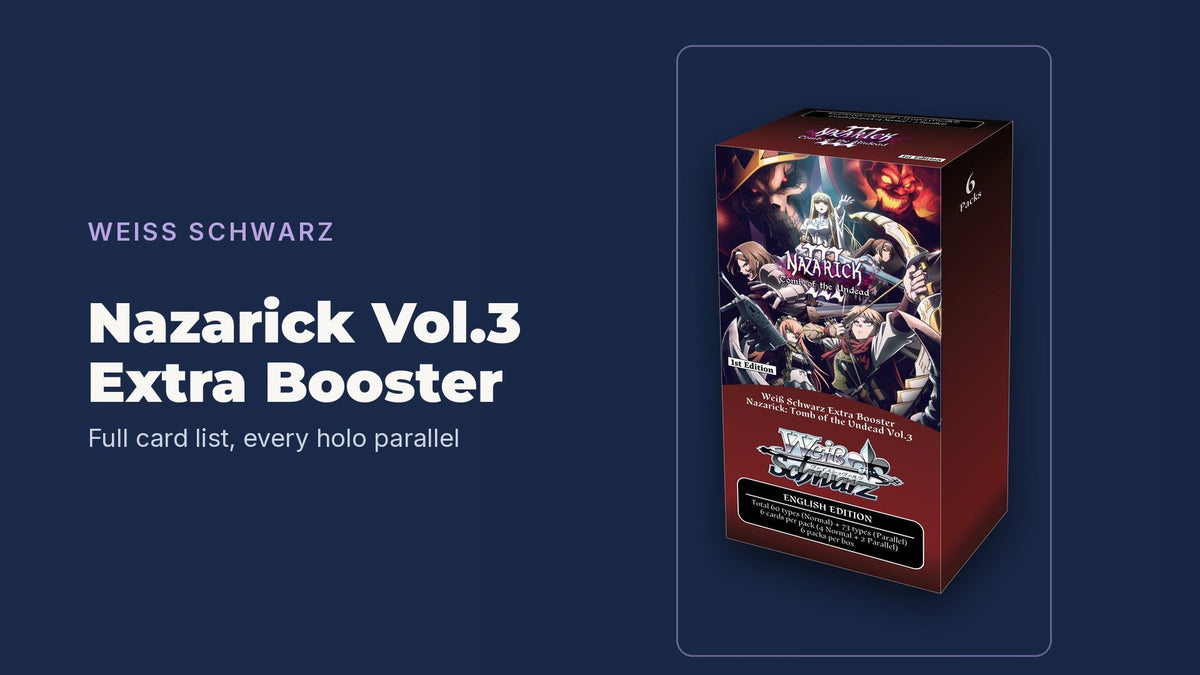 Weiss Schwarz Nazarick: Tomb of the Undead Vol.3 Extra Booster display on a navy background, full card list banner
