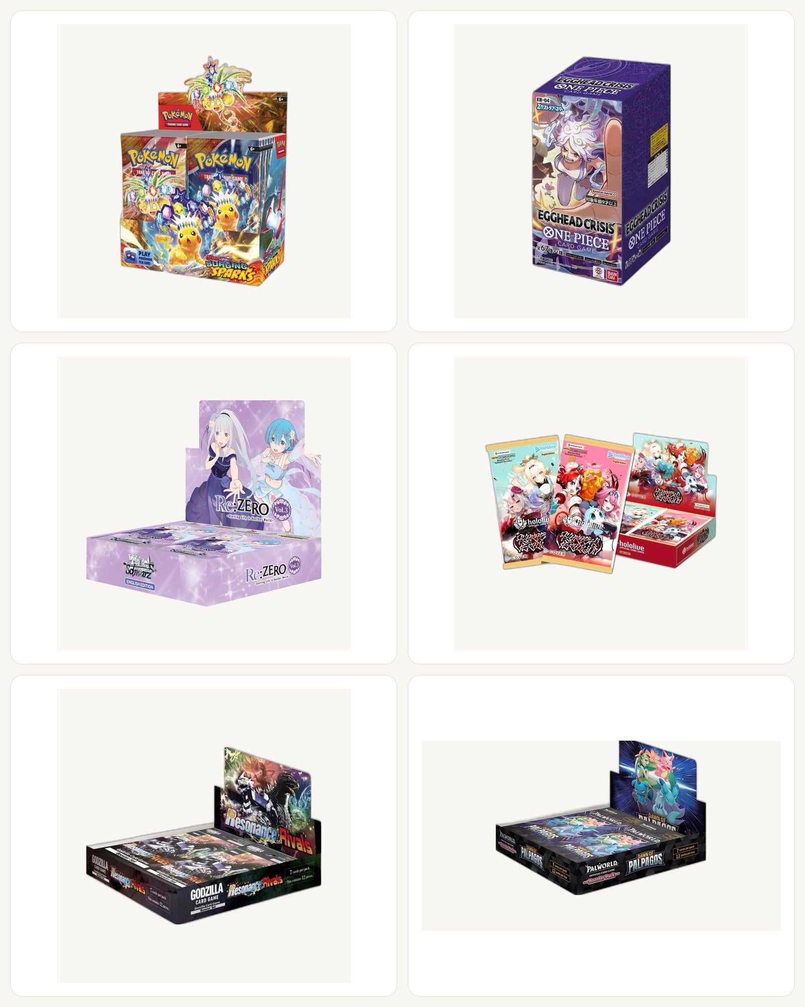 Collage of six sealed booster boxes: Pokémon, One Piece, Weiss Schwarz, Hololive, Godzilla, and Palworld